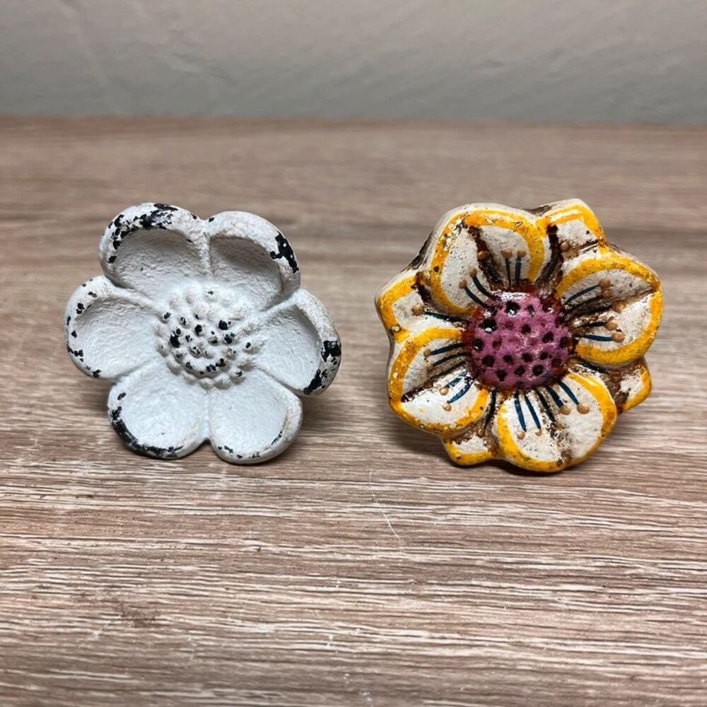 2 Cast Iron Flower Pull Knobs Shabby Chic Cottage Core Distressed Hardware